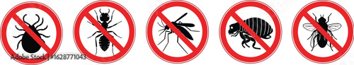 Vector illustration of pest control signs showing prohibition of common household insects like ticks, termites, mosquitoes, fleas, and flies