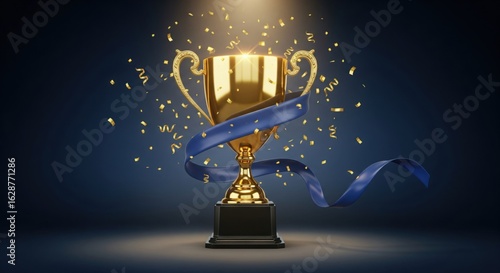 Golden trophy and streamers, business and competition concept, dark blue background