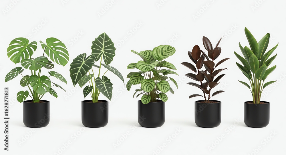 Fototapeta premium Collection of houseplants in black pots, isolated on white background