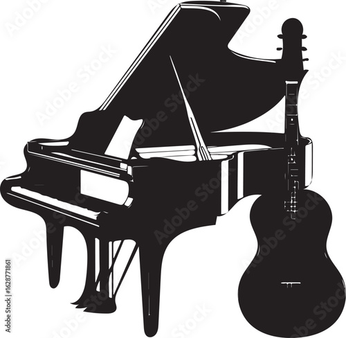 Dramatic Silhouette of Grand Piano and Acoustic Guitar Classic Musical Instrument Ensemble Evoking Elegant Concert Hall Ambience
