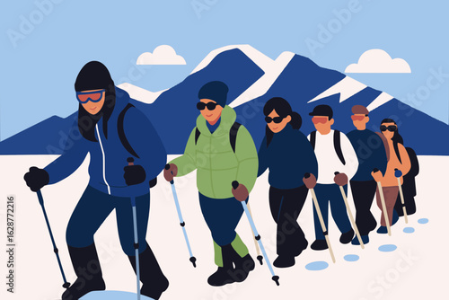 Group of hikers trekking in snowy mountains in an adventurous mood