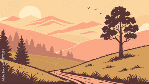 Flat vector illustration of a dreamy mountain landscape at sunset, minimal clean lines, warm color palette, ideal for travel poster