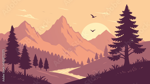 Flat vector illustration of a dreamy mountain landscape at sunset, minimal clean lines, warm color palette, ideal for travel poster