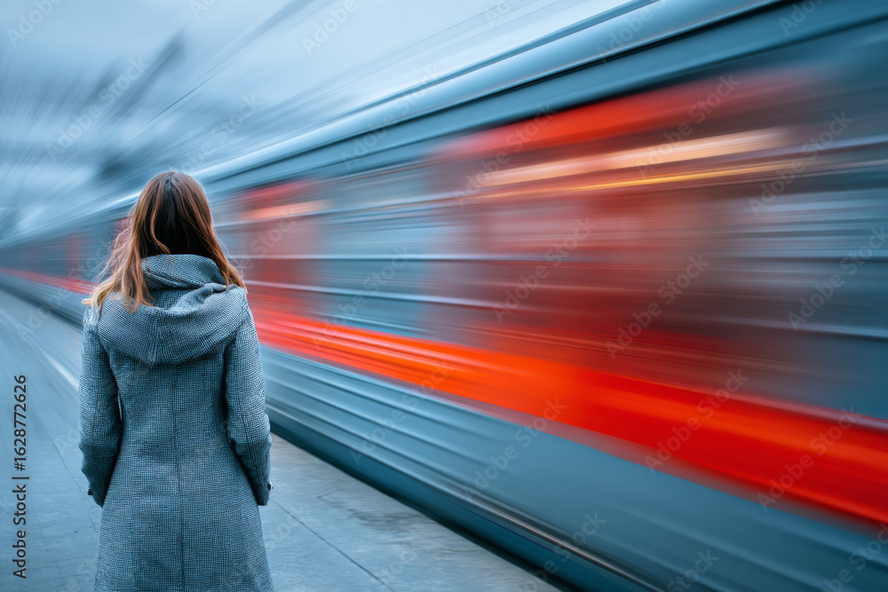 Fototapeta premium Conceptual image of a woman with a passing train in the background.