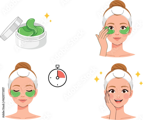 Illustration showing a woman applying green eye patches as part of a skincare routine
