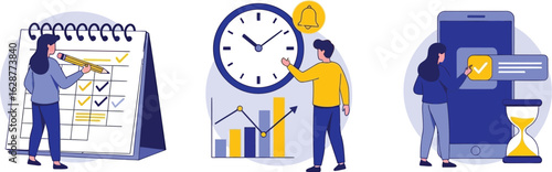Illustration depicting time management with calendar clock and mobile notification