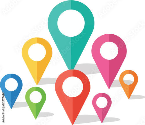 A collection of colorful map location pins arranged on a white isolated background