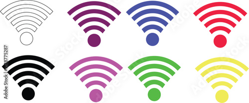 Illustration of eight wifi symbols in various colors on a white background