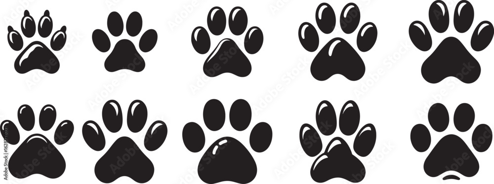 Fototapeta premium Black dog paw prints on white background animal paw