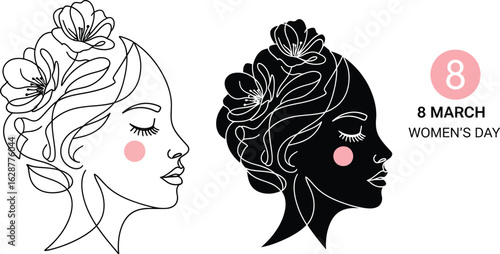 Illustration of women's day with floral hair and silhouette profiles on white background