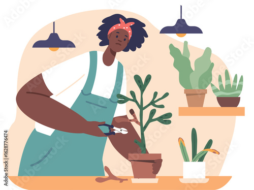 Woman taking care sick plant