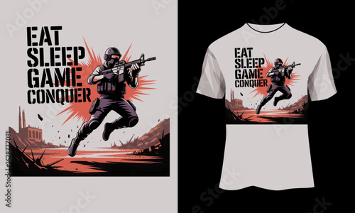 Eat Sleep Game Conquer – Battle Royale Gamer Design with Military Stencil Typography