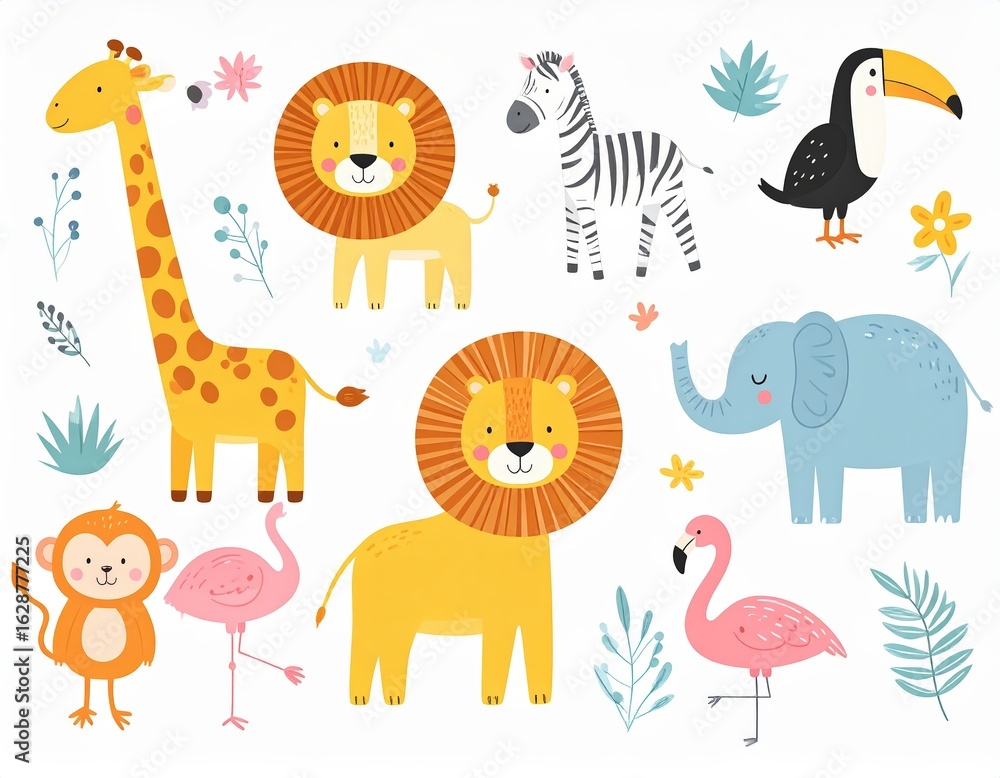 Obraz premium Generated image Colorful illustration set representing animals and nature with a playful touch, perfect for educational and children’s projects inspired by Brazilian wildlife.