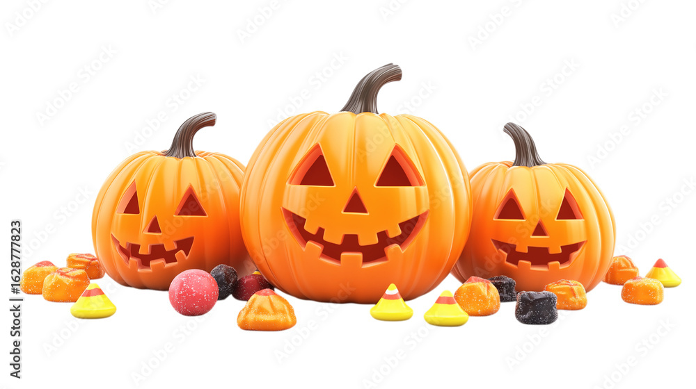 Fototapeta premium Three jack-o'-lanterns and Halloween candy isolated on a transparent background