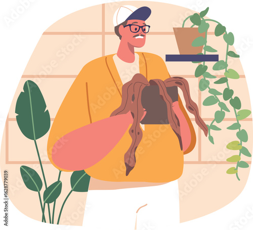 Upset man holding sick houseplant