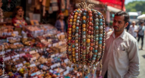 Vibrant Handcrafted Beads and Jewelry on Display at a Bustling Outdoor Market with Shoppers and Stalls in the Background