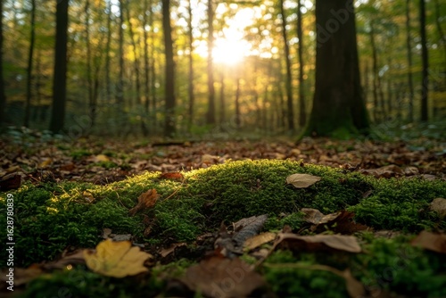 A kaleidoscope of colors dances across the forest floor, where autumn leaves shine with a warm backlight