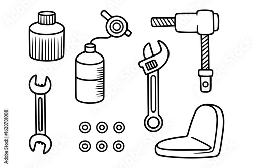 Illustration of various tools including wrenches, bottles, and a seat in black outline