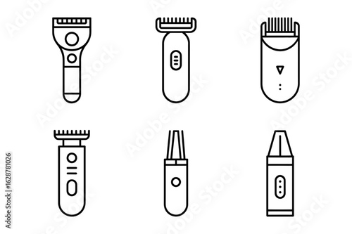 Illustration of six different types of trimmers with various head attachments in black line