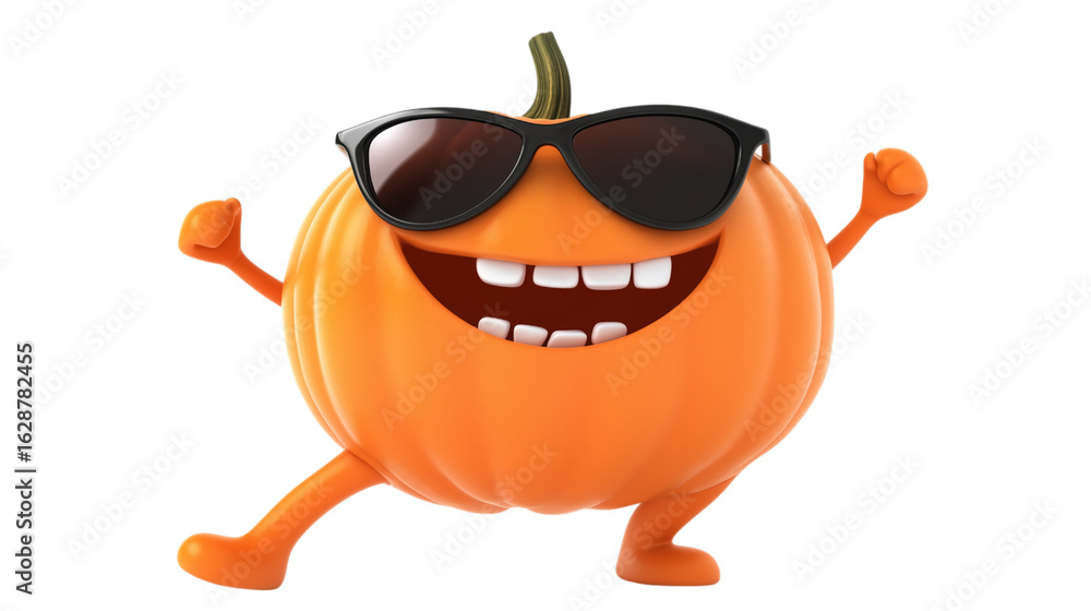 Naklejka premium Cartoon pumpkin with sunglasses isolated on a transparent background