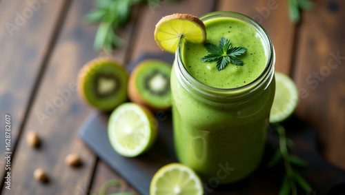 Vibrant green smoothie sits in glass jar with lime slice and mint leaf on top. Healthy ingredients surround on rustic wooden table. Concept of health, beverage industry, wellness
