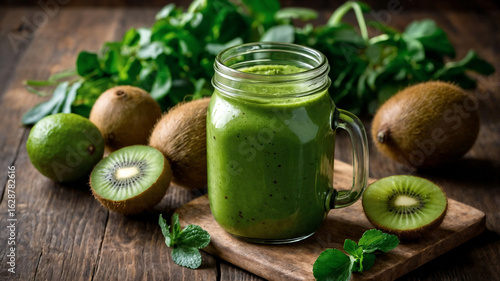 Fresh green smoothie in glass jar garnished with mint leaves. Natural earthy tones create a vibrant setting with kiwi and limes nearby. Concept of healthy living, nutrition, wellness