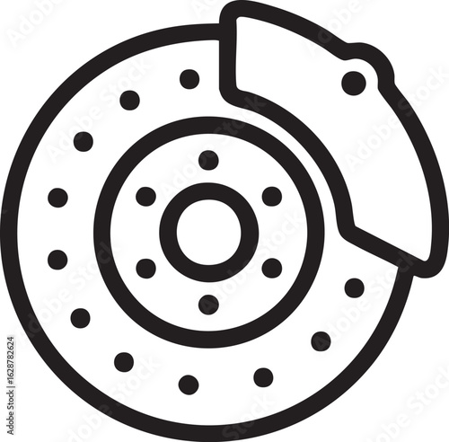 Simple icon of a brake disc and caliper with a circular disc with perforations or vents