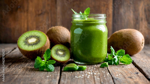 Smoothie made with fresh kiwi and mint placed next to whole kiwis. Rustic wooden background adds warmth. Concept of healthy living, nutrition, beverage industry