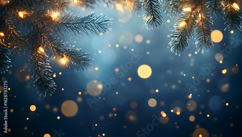 Wallpaper Mural Christmas tree branches with warm lights and bokeh on a dark blue background Torontodigital.ca