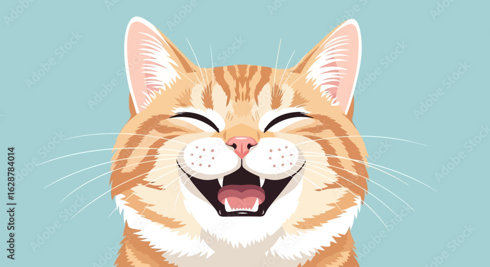 Obraz premium Happy cat: A joyful orange tabby cat with a big, toothy grin radiates pure happiness, perfect for adding a touch of cheer to any project.