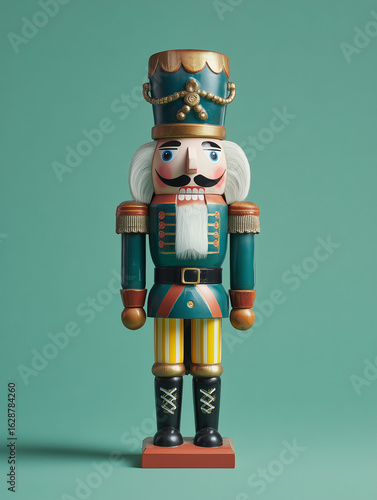 Traditional nutcracker soldier figurine in teal and gold uniform isolated on green background, 3d render