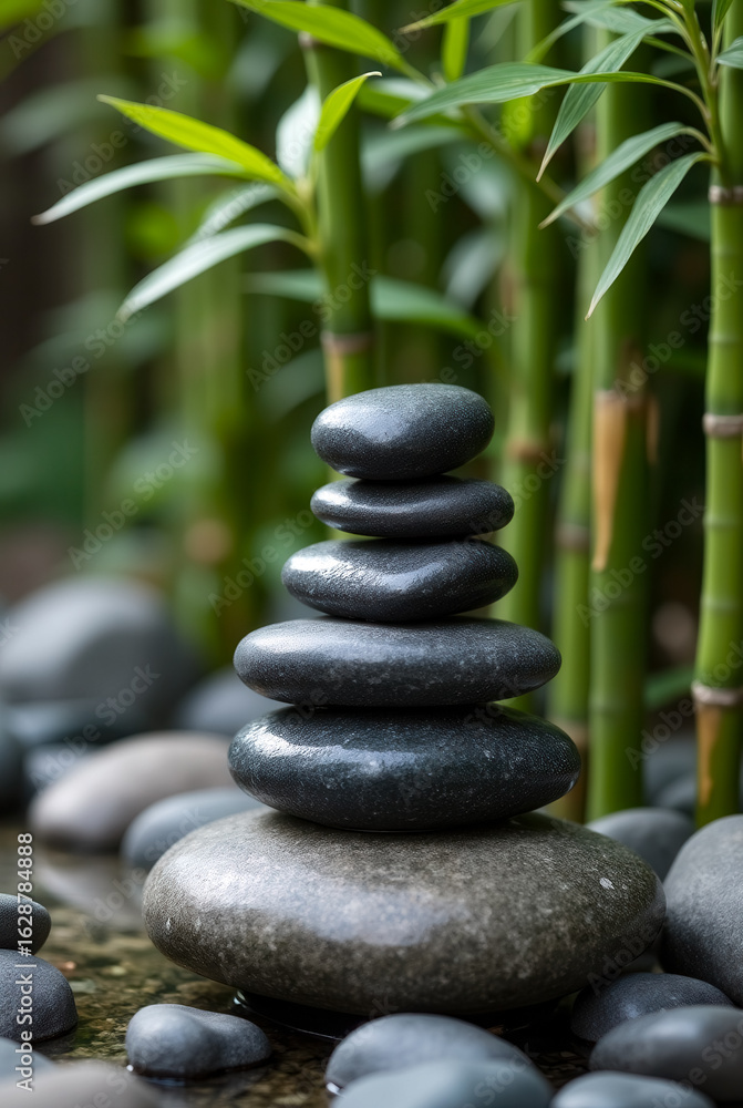 Obraz premium Basalt stones stacked in balanced formation near tranquil water with green bamboo in background. Serene environment promotes relaxation and mindfulness. Concept of wellness, spa, landscaping
