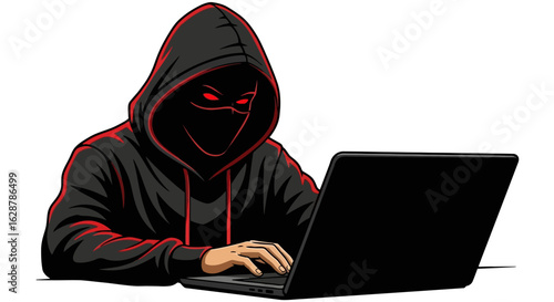 Digital Intruder: A digital intruder is depicted in a stark illustration, enveloped in shadows, hunched over a laptop, and wearing a sinister mask with glowing eyes.