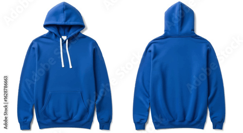 Stylish Blue Hoodie: Front and back view of a vibrant blue hoodie, a timeless staple of casual wear, perfectly showcasing the simple elegance and comfort of the garment.