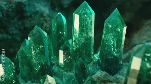 This image captures a unique natural phenomenon of green crystal formations under the ocean, likely resulting from hydrothermal vents and volcanic activity.