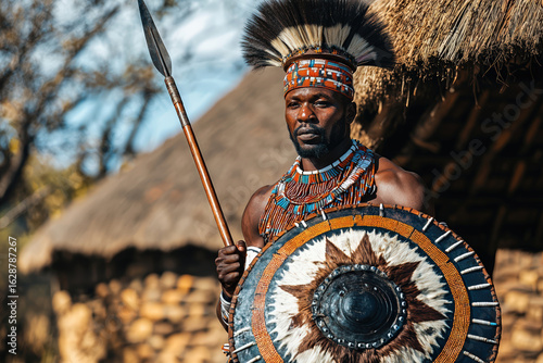 Zulu warrior in ceremonial dress holding spear and shield in front of traditional kraal