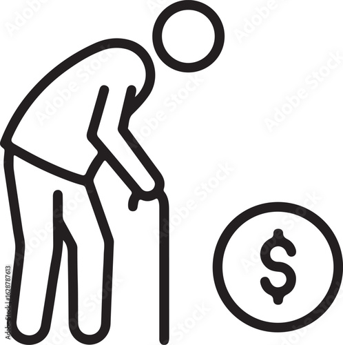 Retirement Savings Icon Design Illustrating an Elderly Person Supported by a Cane Standing Near a Monetary Coin