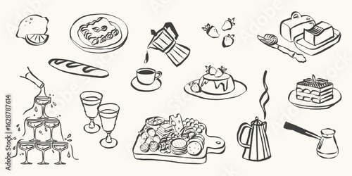 Whimsical doodles of italian food. Quirky icons of breakfast and dinner meals in crayon style. Chalk drawing for menus and invitations. La dolce vita italian vector illustration