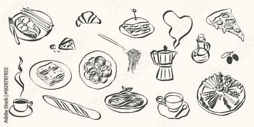 Italian food set in hand drawn whimsical style. Quirky chalk doodles of breakfast and dinner meals. Crayon drawing for menus and invitations. La dolce vita vector illustration