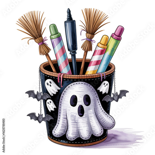 A black container adorned with ghost and bat motifs holds colorful striped pencils and small broomsticks