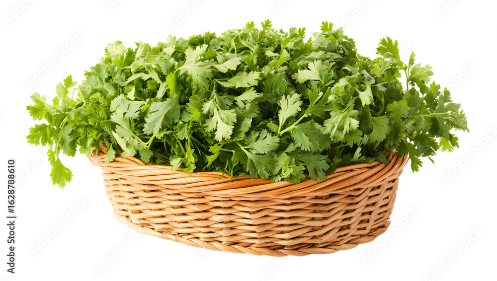 Fresh Cilantro Herb in a Wicker Basket, coriander green isolated on a transparent background Fresh Cilantro Herb in a Wicker Basket, coriander green isolated on a transparent background