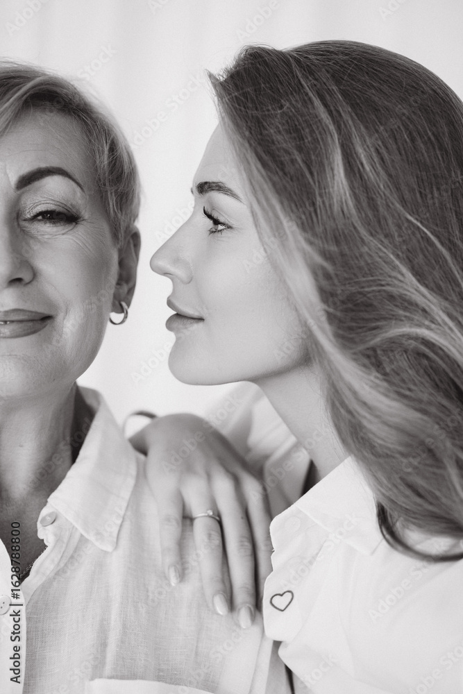 Young woman gently placing hand on mother's shoulder, black and white portrait Young woman gently placing hand on mother's shoulder, black and white portrait