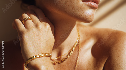 Woman showcasing elegant gold jewelry under warm sunlight in a minimalistic setting