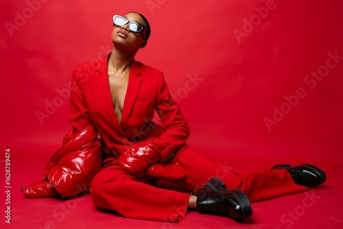 Red suit fashion model posing on red background wearing sunglasses and black boots