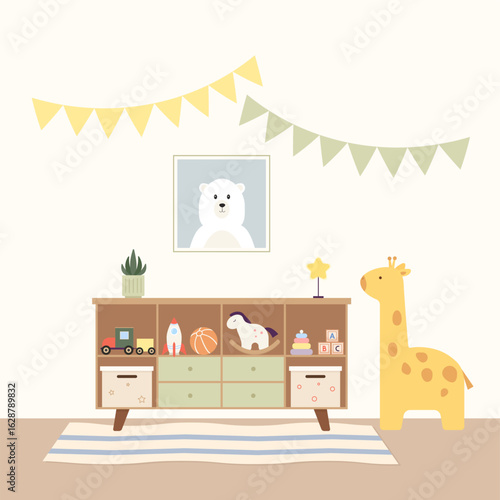 Children room with furniture and toys. Vector illustration in flat style.