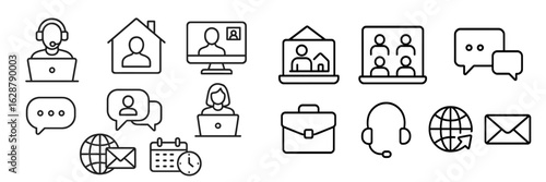 Collection of icons representing remote work, communication, and online collaboration tools during the modern workday