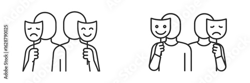 Expressions of emotion represented by two figures holding masks, one sad and one happy, symbolizing the duality of feelings