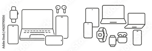 Various digital devices including a laptop, smartwatches, and smartphones displayed on a white background in a modern layout