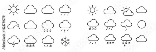 Weather symbols illustrating various conditions including sunny, rainy, cloudy, and snowy representing changing climates and forecasts