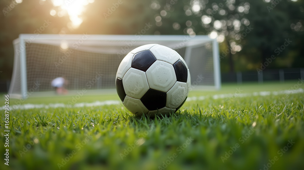 Fototapeta premium Soccer ball rolls towards goal in vibrant grassy field. Evening light creates dynamic atmosphere for match. Concept of sports, teamwork, youth leagues